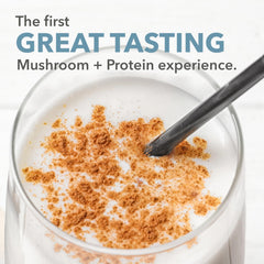 PlantFusion Mushroom Protein Powder Vanilla scoop in coffee for convenient daily energy.