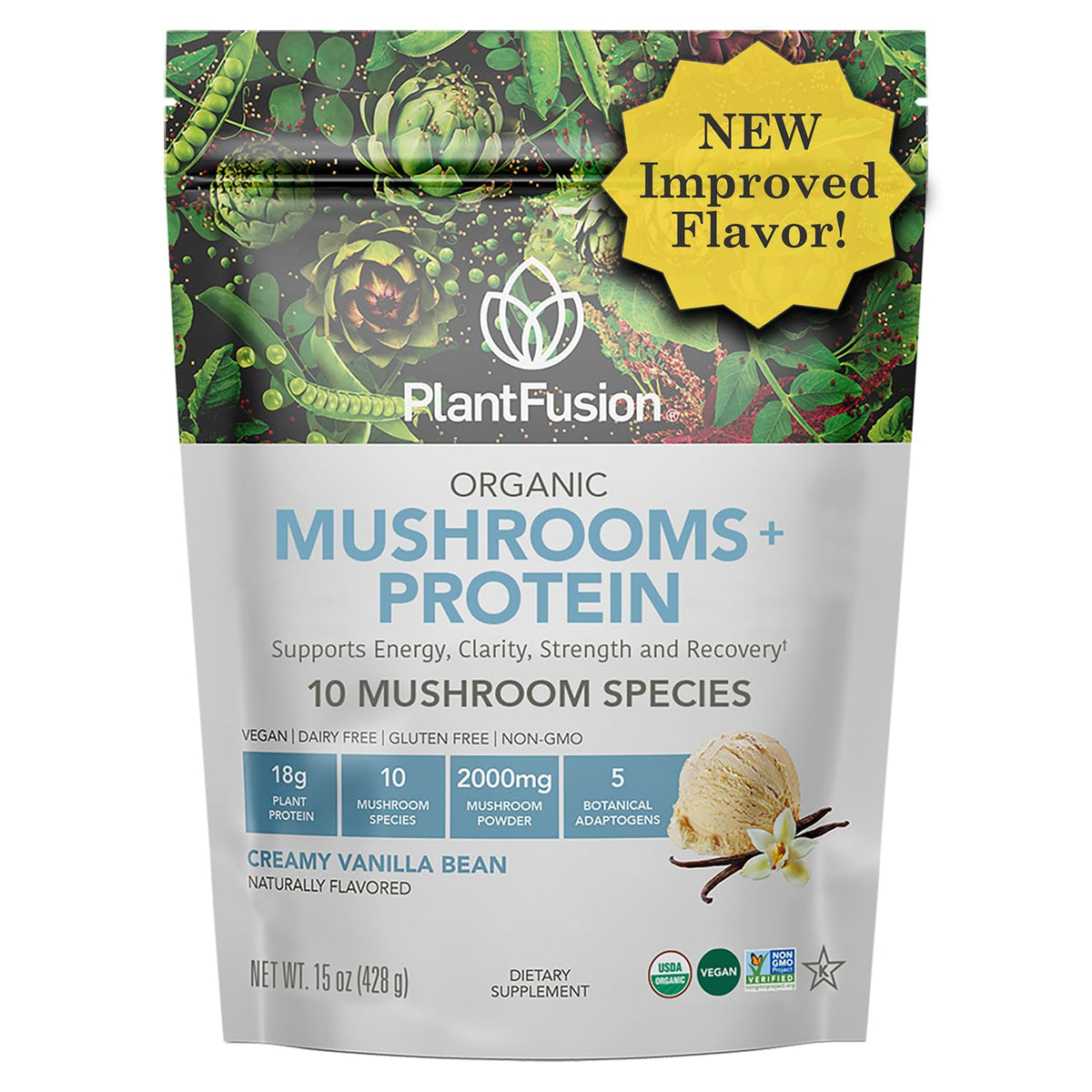 PlantFusion Mushroom Protein Powder Vanilla tub ready for smoothies and recovery support.