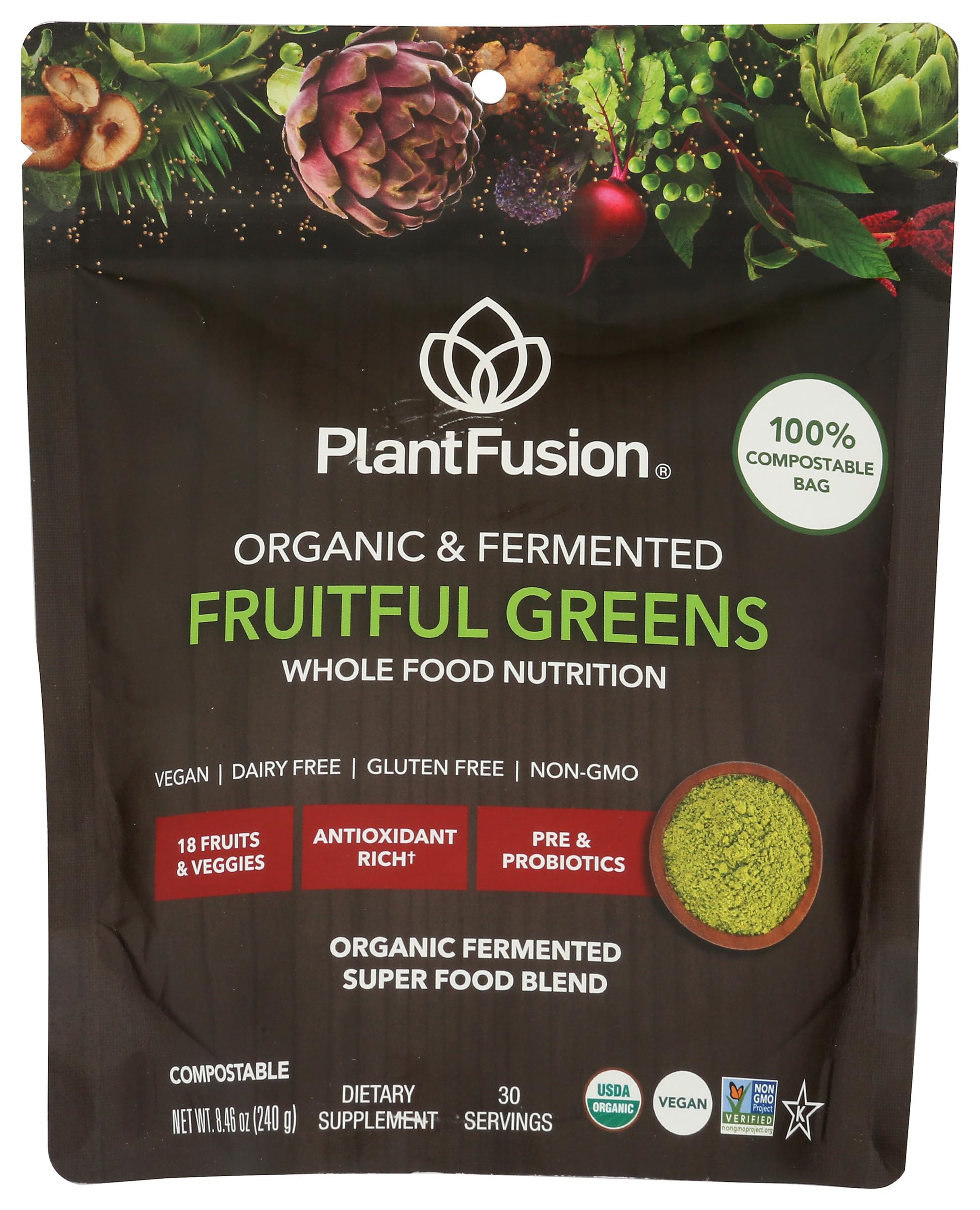 PlantFusion Organic Fermented Fruitful Greens bottle shows convenient daily greens.