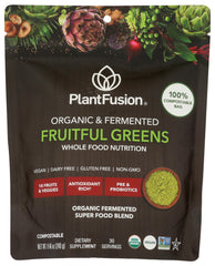 PlantFusion Organic Fermented Fruitful Greens bottle shows convenient daily greens.