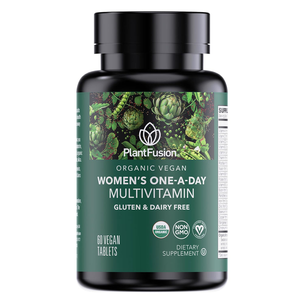 PlantFusion Organic Multivitamin for Women bottle promoting daily energy and wellness.