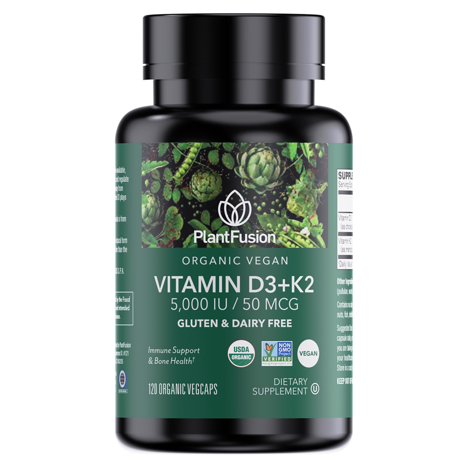 PlantFusion D3 K2 bottle front view emphasizing vegan vitamin source and bone health potential