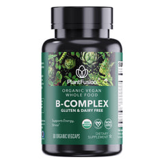 PlantFusion Organic Vitamin B-Complex bottle featuring guava-lemon-basil blend for daily energy support