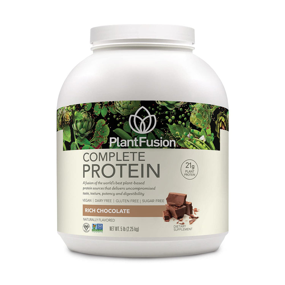 PlantFusion rich chocolate protein jar shows complete vegan formula for post-workout recovery