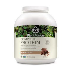 PlantFusion rich chocolate protein jar shows complete vegan formula for post-workout recovery