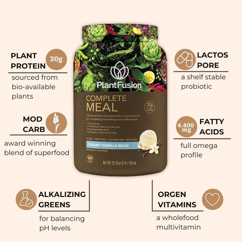 PlantFusion vanilla shake powder with scoop, convenient protein for busy days