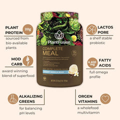 PlantFusion vanilla shake powder with scoop, convenient protein for busy days