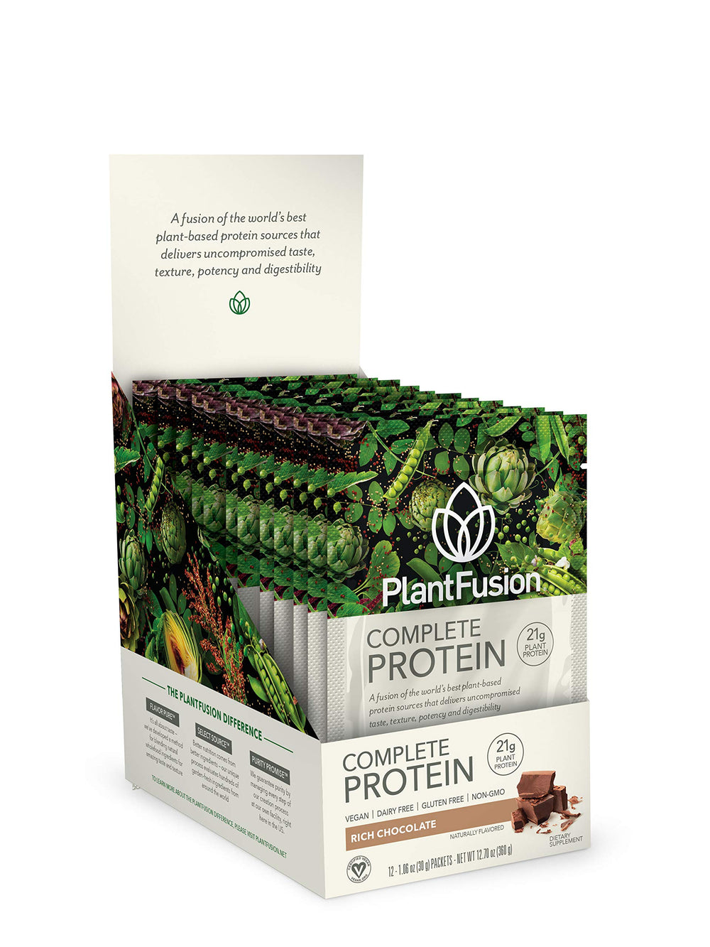 PlantFusion vegan badge on tub, dairy-free and gluten-free.