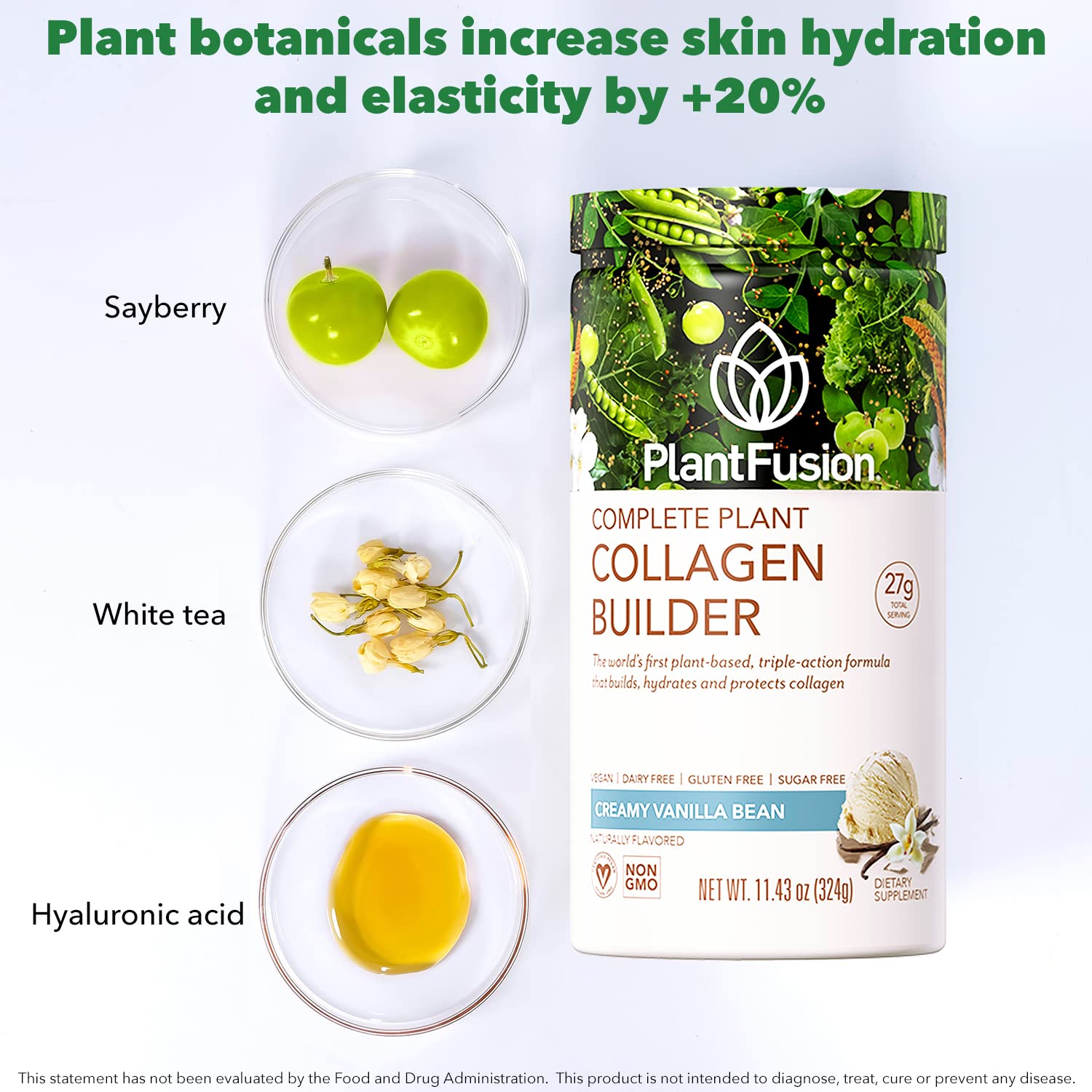 PlantFusion vegan collagen communicates non-GMO status for clean nutrition.