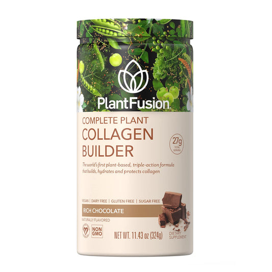 PlantFusion Vegan Collagen Powder chocolate tub shown for easy daily shakes supporting hair and skin.