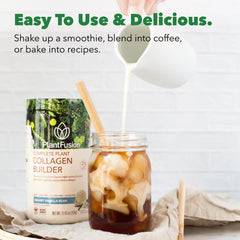 PlantFusion vegan collagen powder ingredients graphic featuring saberry and white tea extracts.
