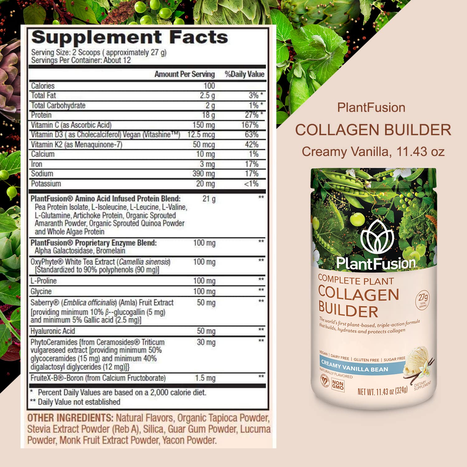 PlantFusion vegan collagen powder packaging side view with keto and non-GMO cues