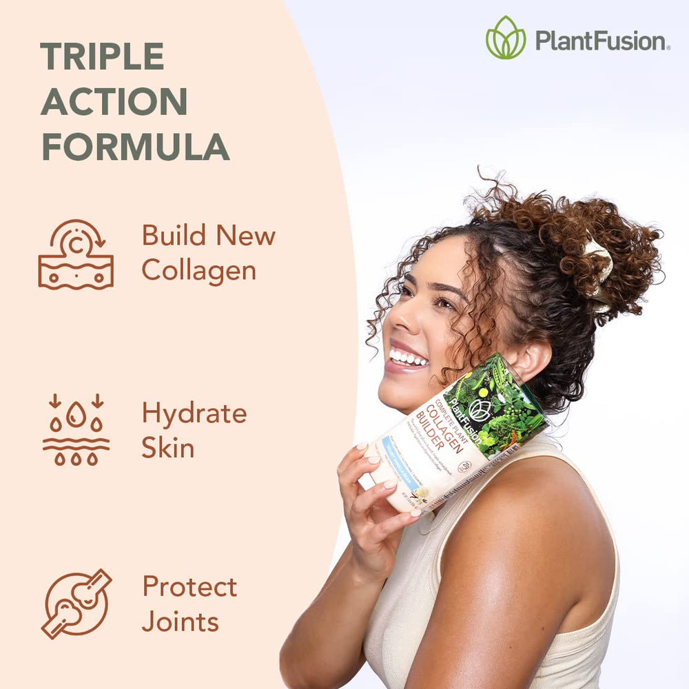 PlantFusion vegan collagen powder tub back, emphasizing keto-friendly and dairy-free attributes.