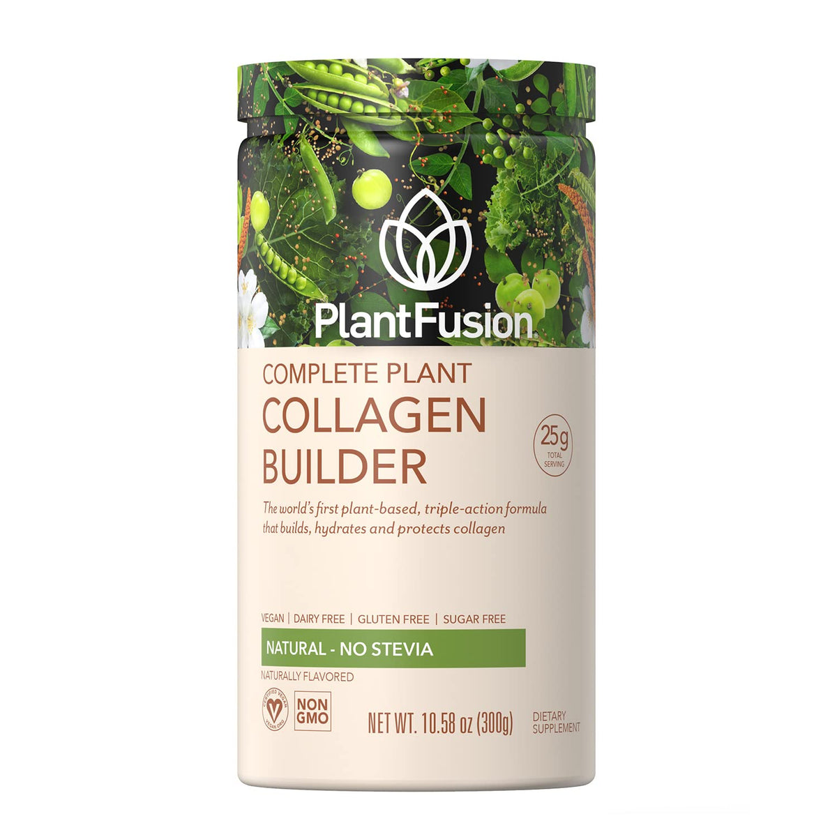 PlantFusion vegan collagen powder tub front, highlighting a plant-based protein blend for daily use.