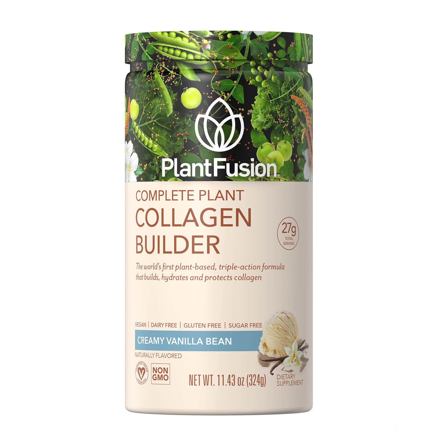 PlantFusion vegan collagen powder vanilla tub showing dairy-free formula for hair, skin, and joints