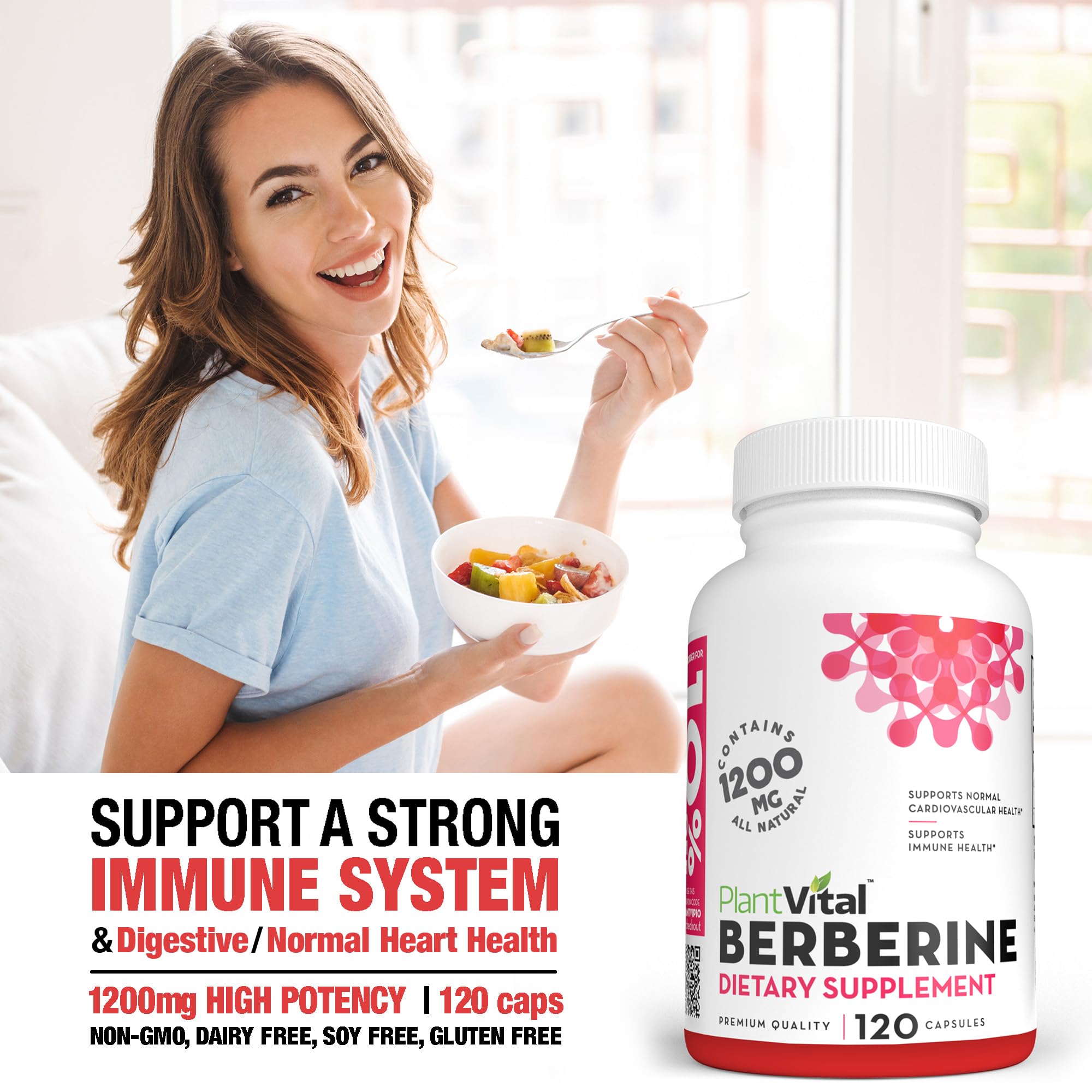 Lifestyle scene with PlantVital Berberine on a kitchen counter for daily routine.
