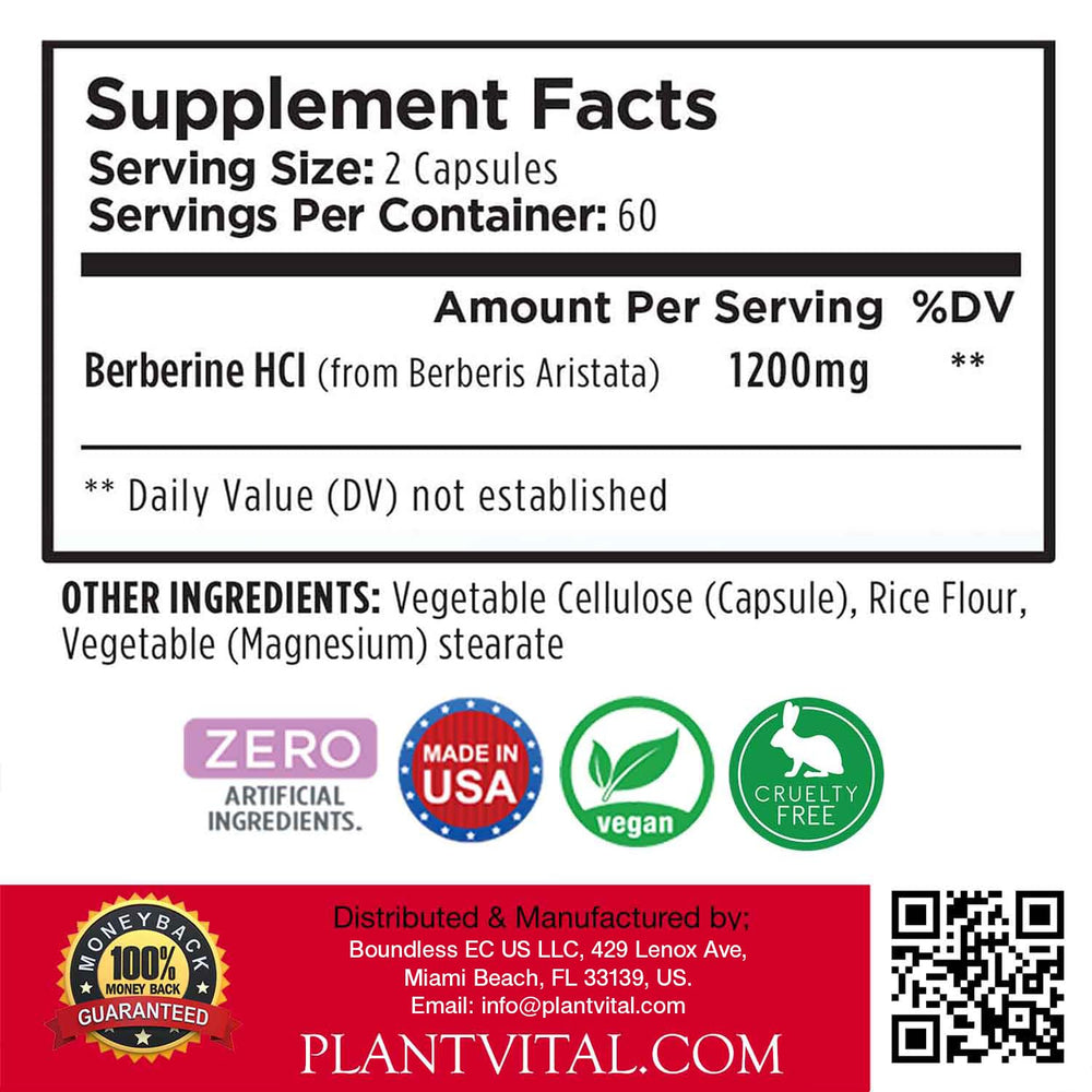 Plantvital Berberine 1200mg label close up highlighting transparent ingredients