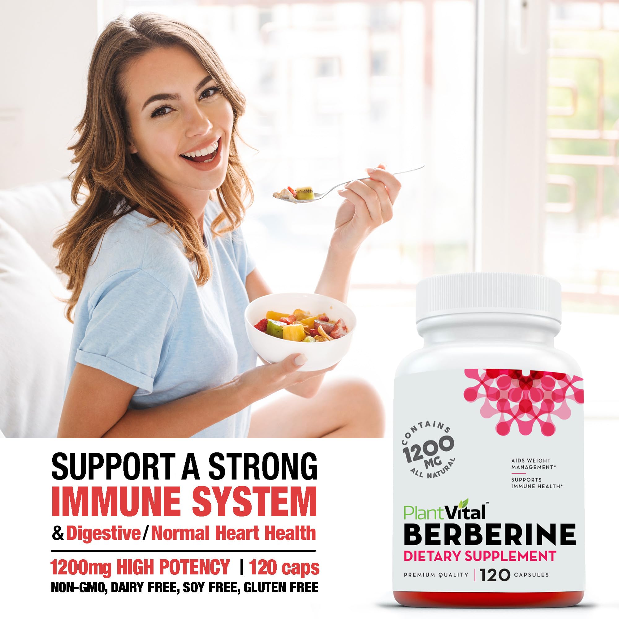 Plantvital Berberine 1200mg bottle on a clean surface made in USA additive free