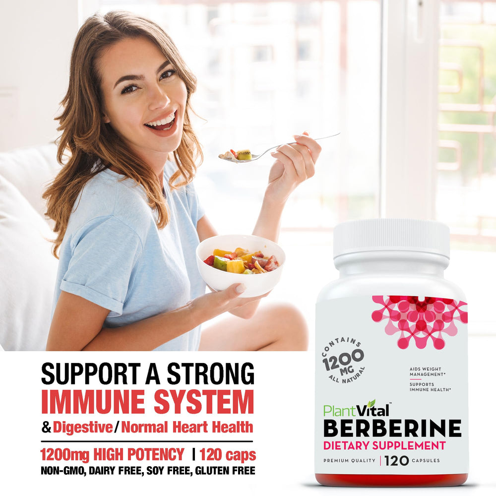 Plantvital Berberine 1200mg bottle on a clean surface made in USA additive free