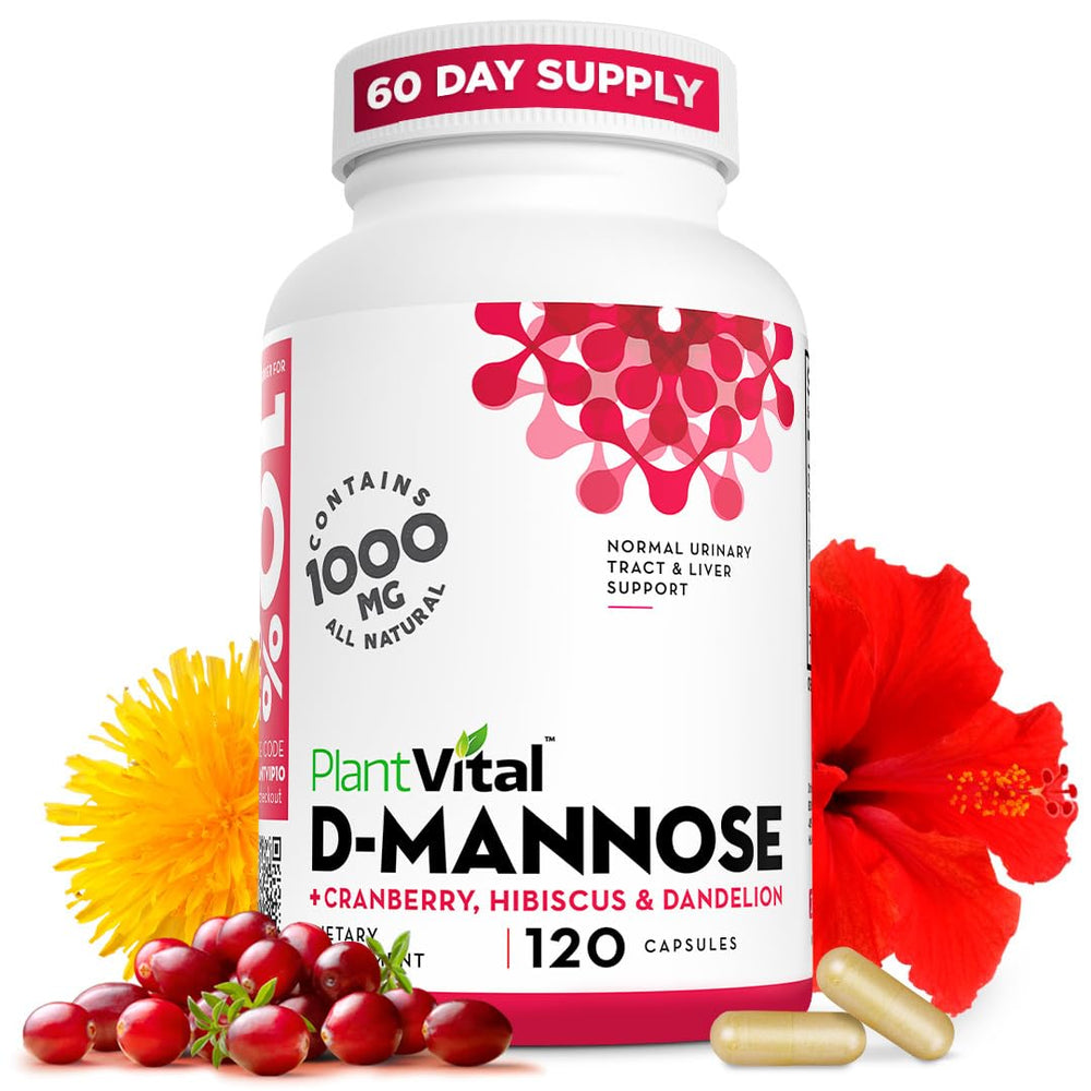 Plantvital D Mannose capsules with cranberry bottle on counter supports daily urinary health.
