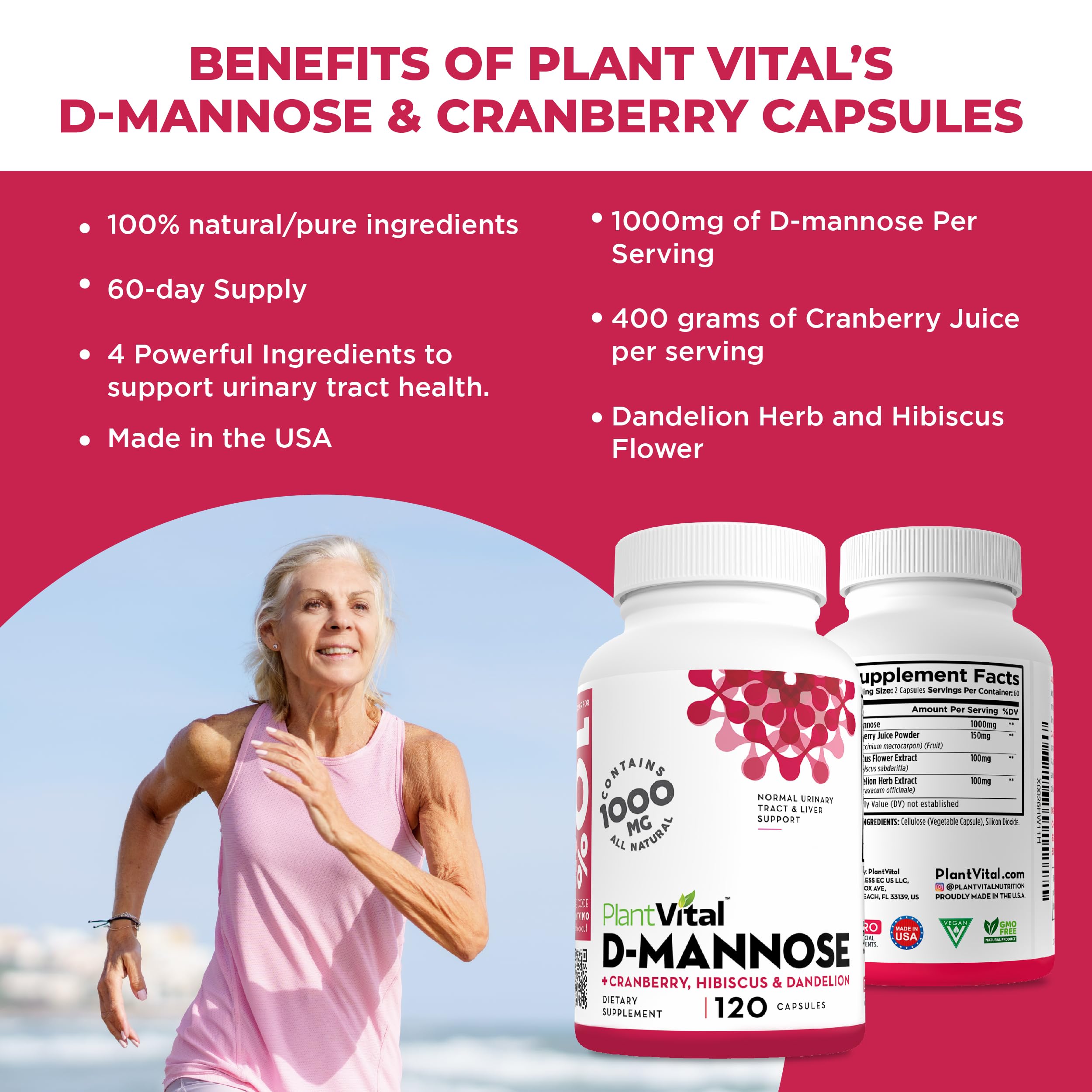 Plantvital D Mannose capsules close-up shows convenient capsules for urinary health support.