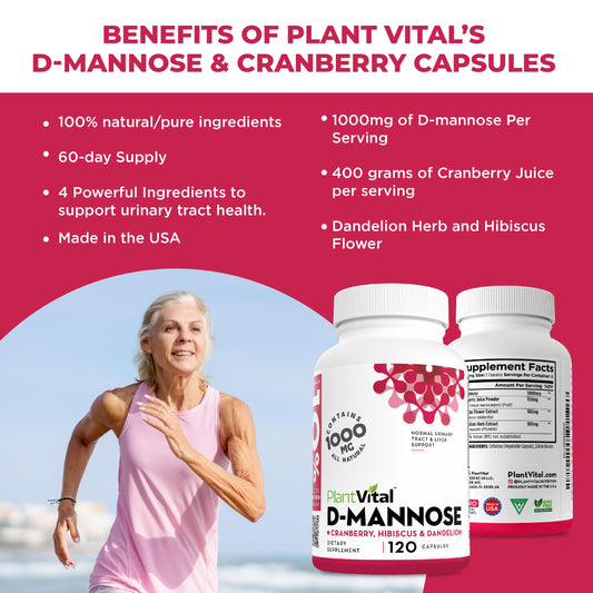 Plantvital D Mannose capsules close-up shows convenient capsules for urinary health support.
