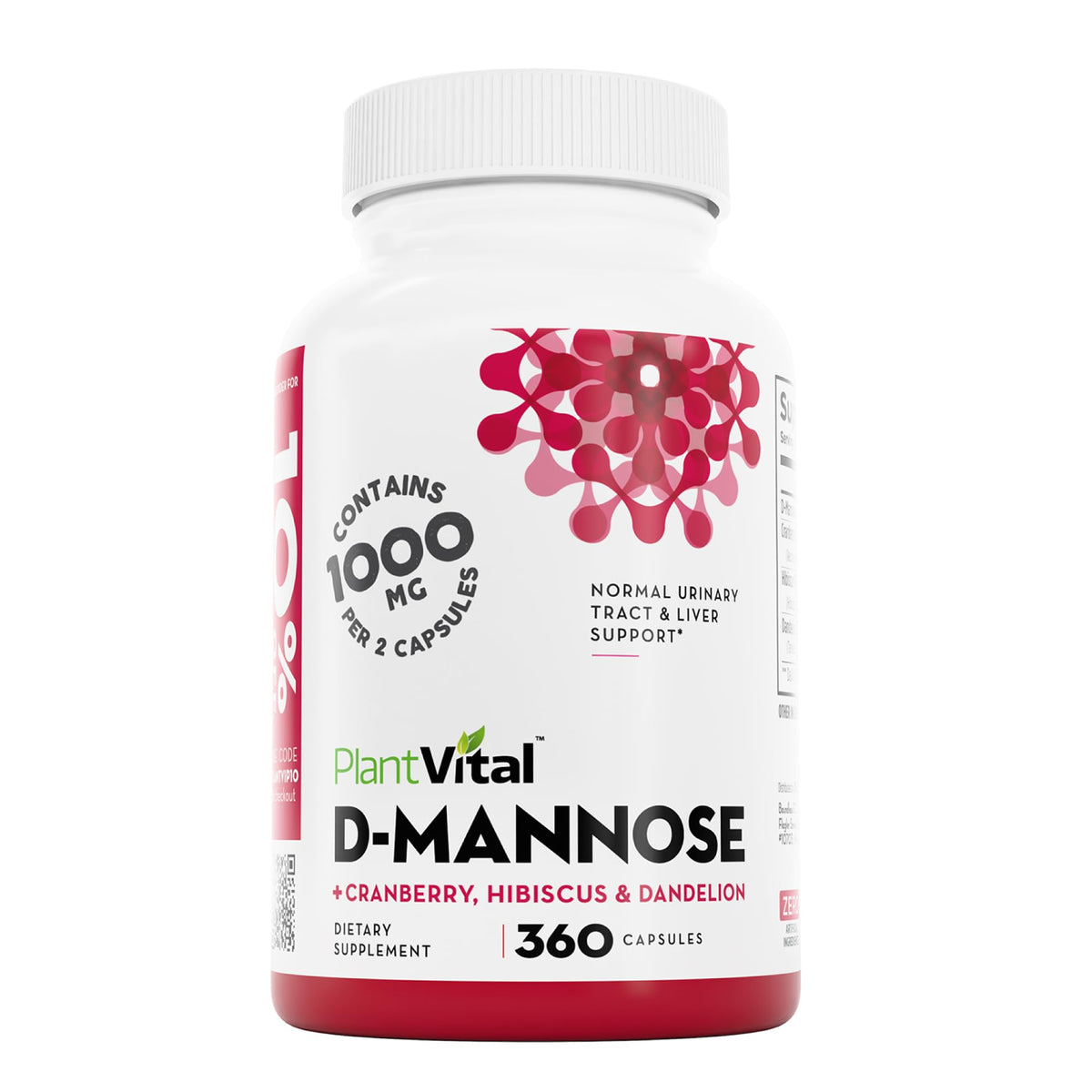 Plantvital D Mannose capsules with cranberry bottle; supports urinary tract health.