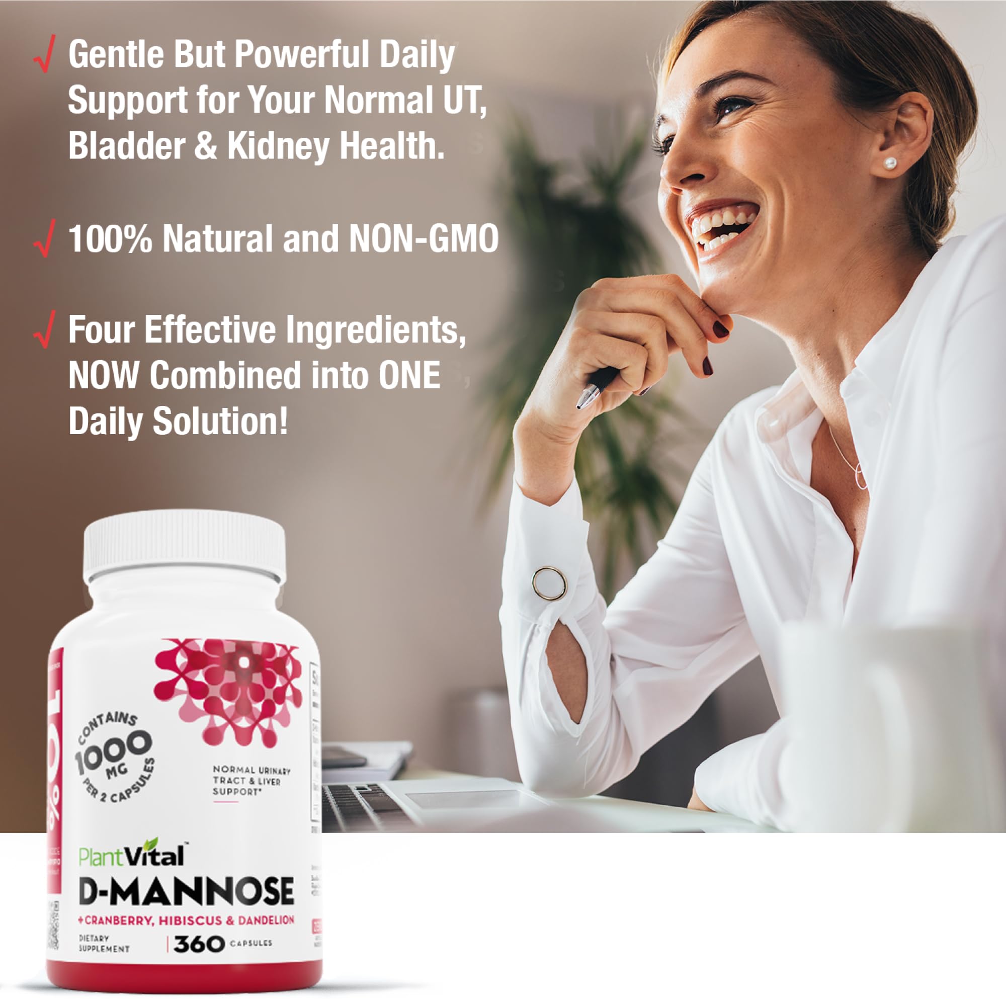 Plantvital D Mannose with dandelion; natural blend for normal urinary function.