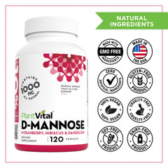 Plantvital D Mannose capsules in hand illustrate easy, portable urinary health support.