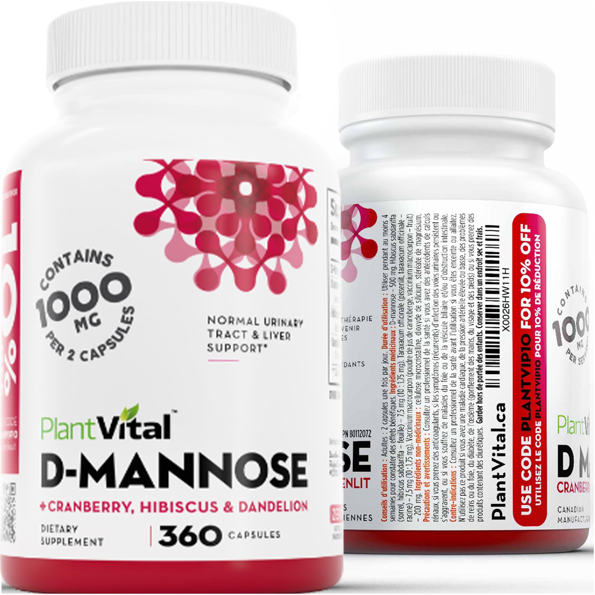 Plantvital six-month supply packaging; long-lasting D Mannose capsules on hand.