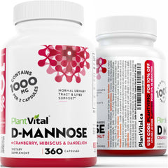 Plantvital six-month supply packaging; long-lasting D Mannose capsules on hand.
