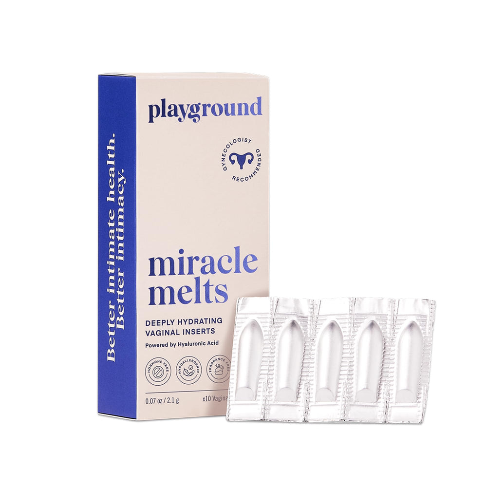 PLAYGROUND Miracle Melts bottle demonstrates hormone-free hydration for intimate wellness.