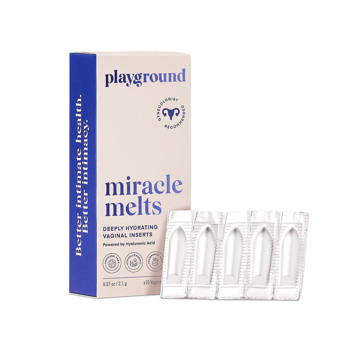 PLAYGROUND Miracle Melts bottle demonstrates hormone-free hydration for intimate wellness.