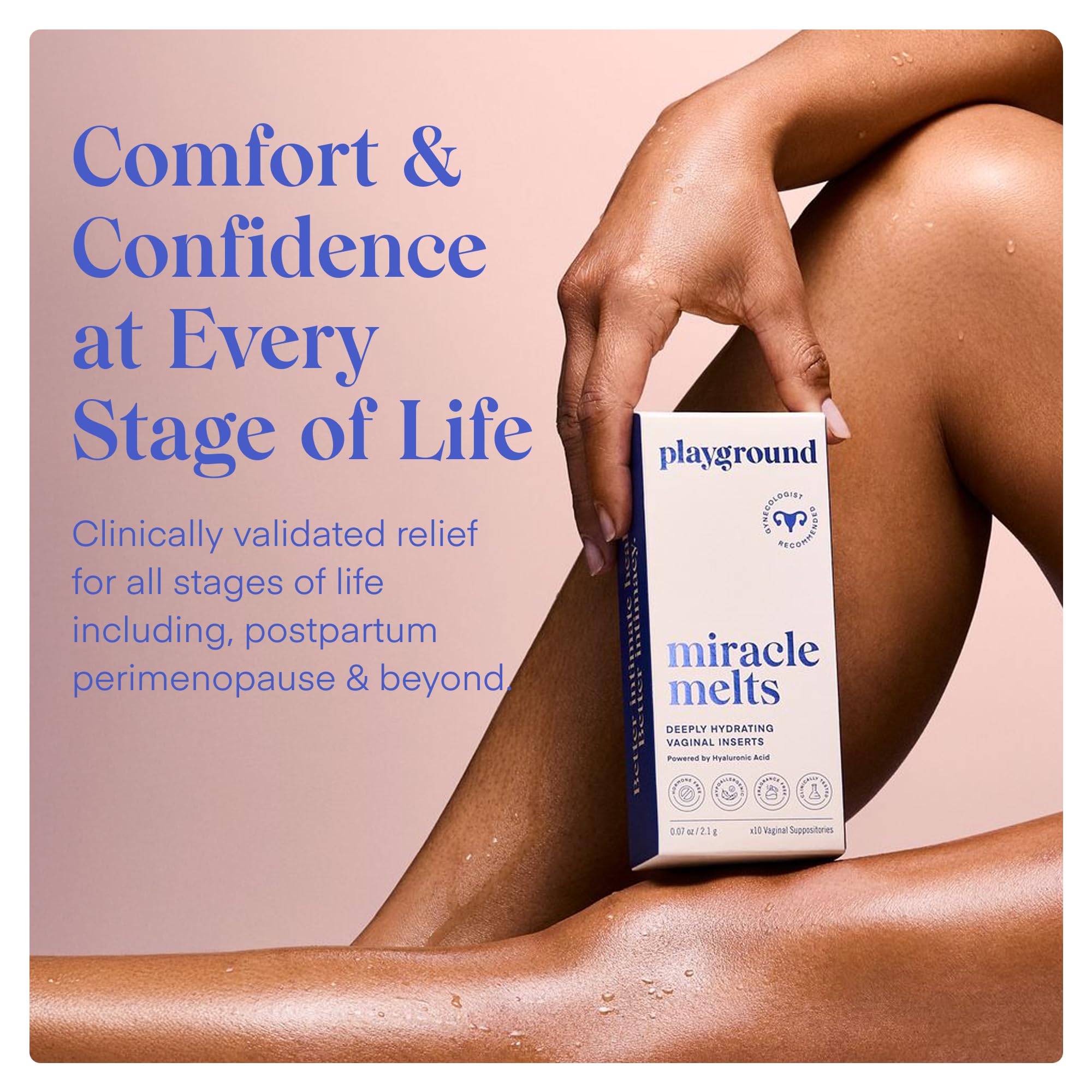 PLAYGROUND Miracle Melts hyaluronic-acid graphic signals moisture retention and hydration.