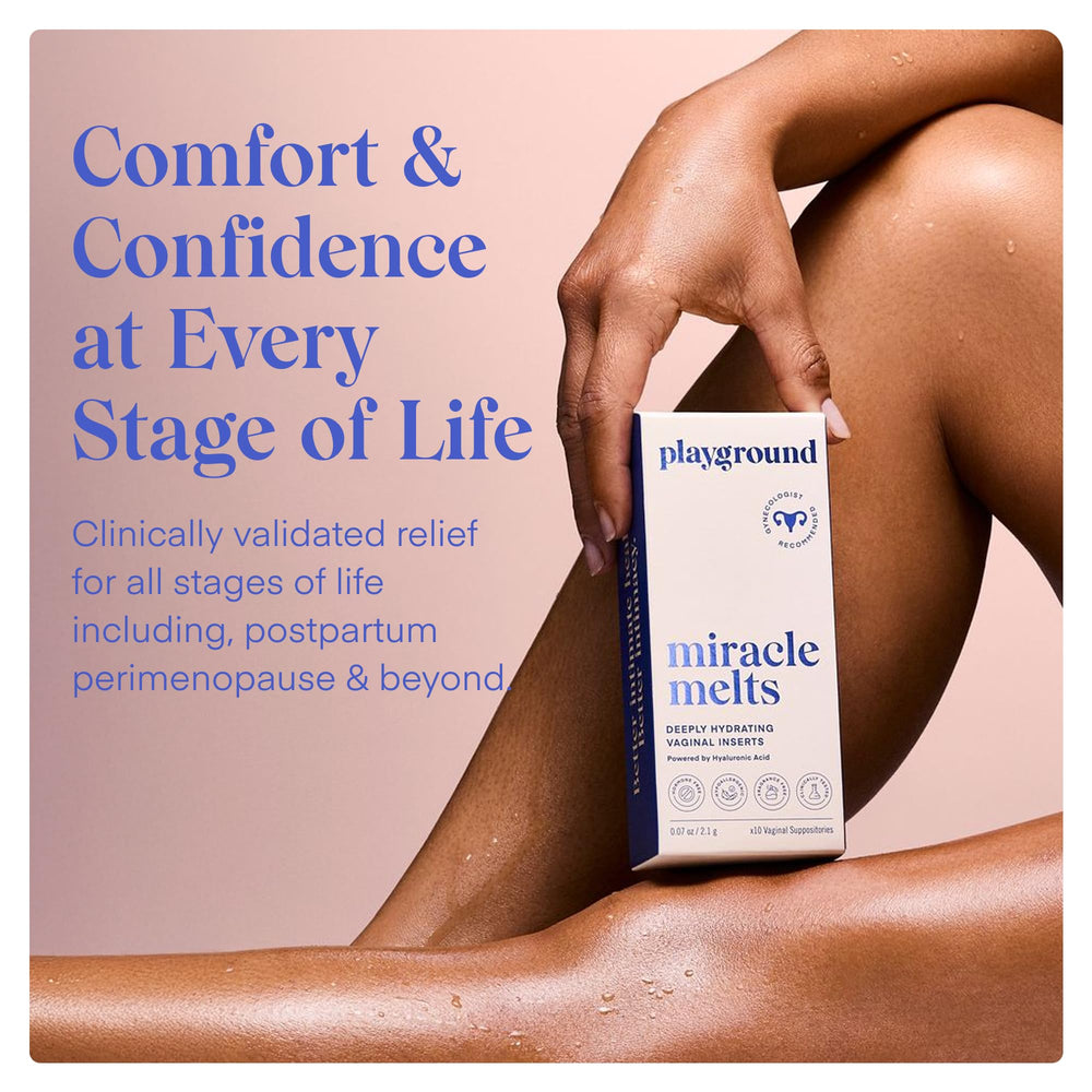 PLAYGROUND Miracle Melts hyaluronic-acid graphic signals moisture retention and hydration.