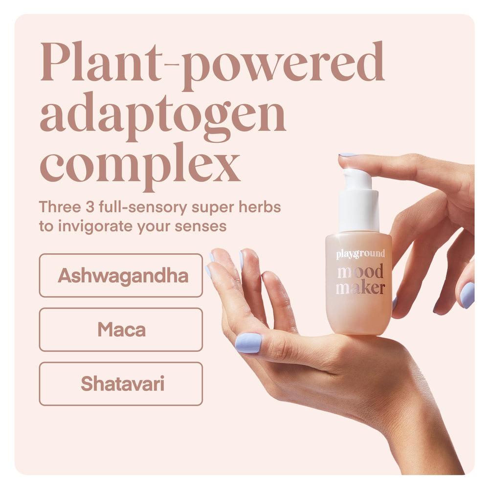 Playground Mood Maker Intimacy Oil emphasizes ashwagandha and meadowfoam as key ingredients