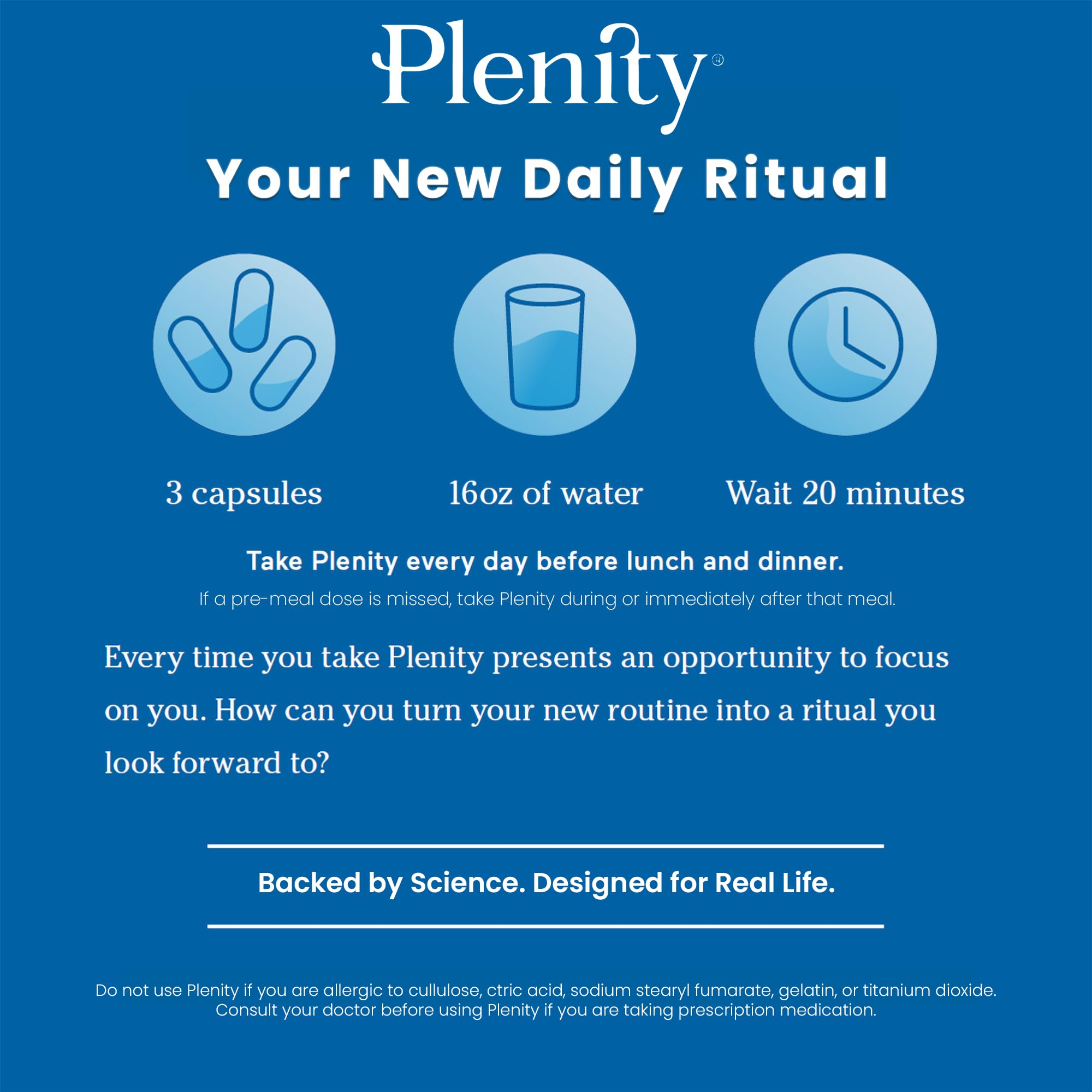 Plenity health graphic inset illustrating a non-stimulant, fiber-based design