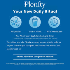 Plenity health graphic inset illustrating a non-stimulant, fiber-based design