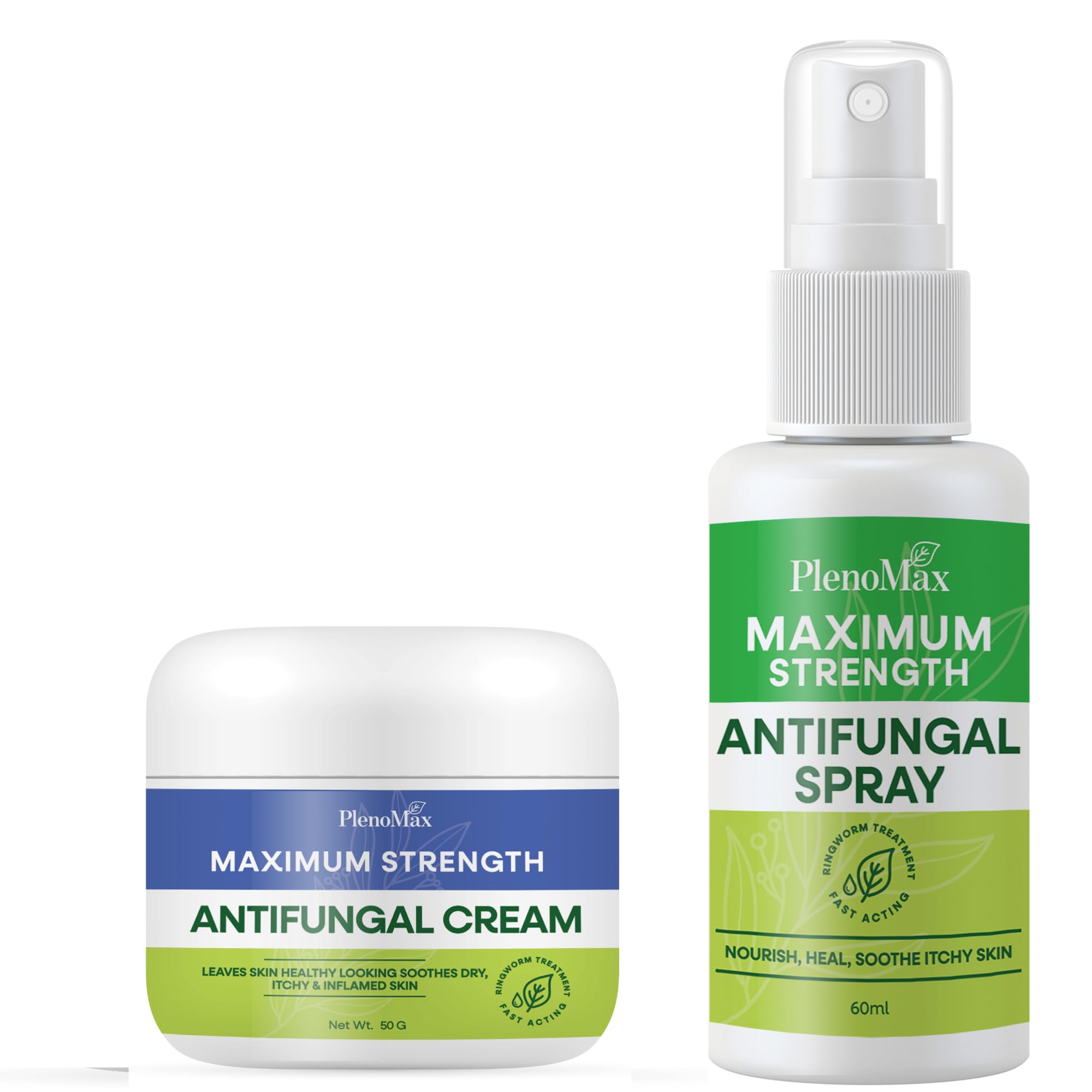 PLENO bundle packaging showing 50g cream and 60ml spray for convenient antifungal care