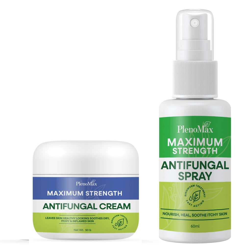 PLENO bundle packaging showing 50g cream and 60ml spray for convenient antifungal care