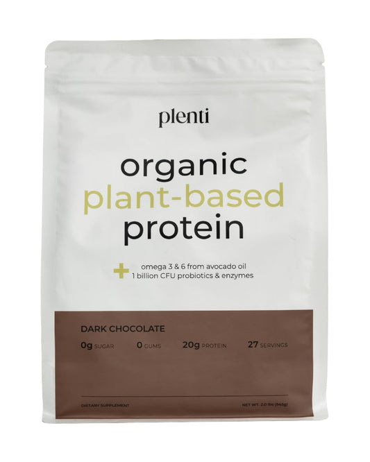 plenti dark chocolate protein powder jar for smooth post-workout shakes