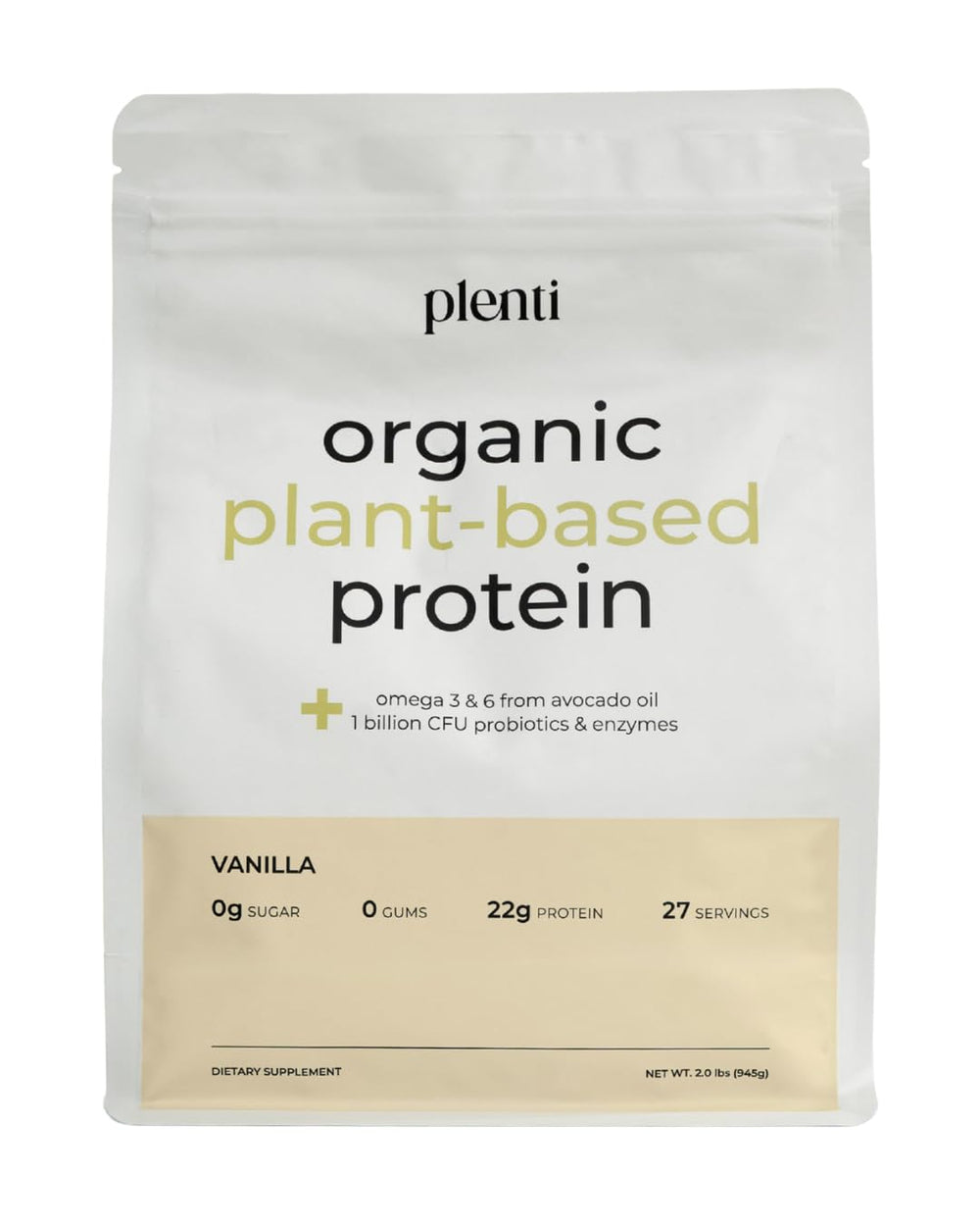Front view of Plenti Vanilla protein bottle, showcasing a clean plant-based protein option.