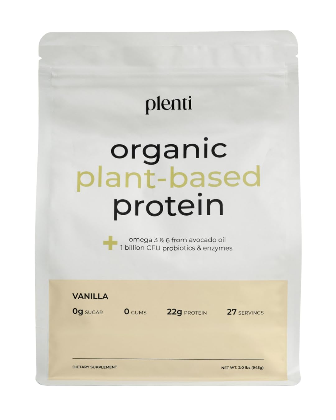 Front view of Plenti Vanilla protein bottle, showcasing a clean plant-based protein option.