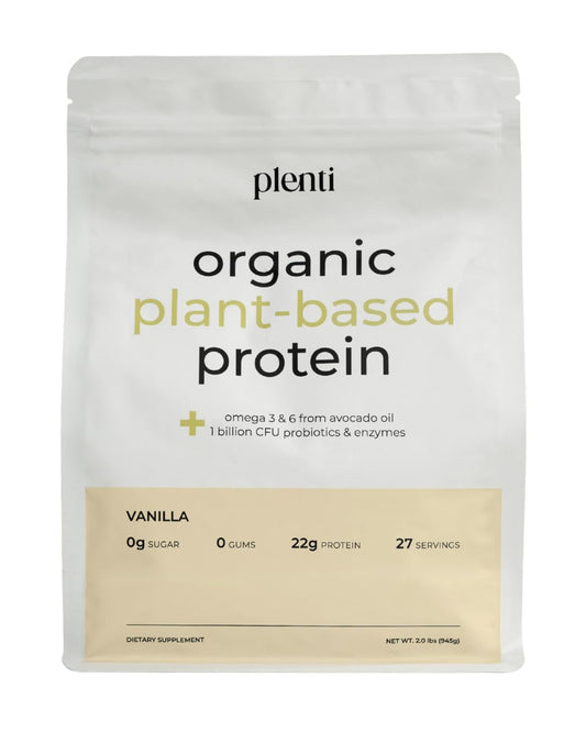 Front view of Plenti Vanilla protein bottle, showcasing a clean plant-based protein option.