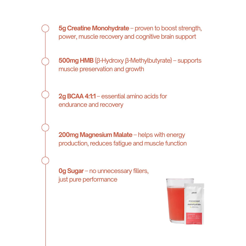 plenti watermelon creatine monohydrate bottle and glass with sugar-free label
