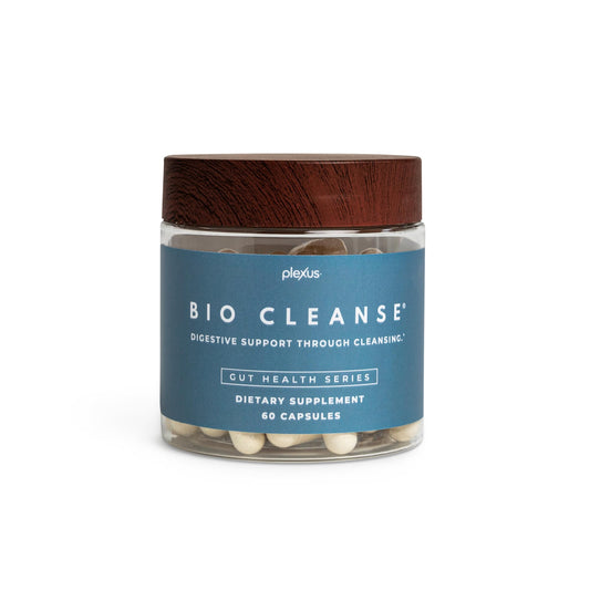Plexus Bio Cleanse 60ct bottle on shelf supports daily gut wellness.