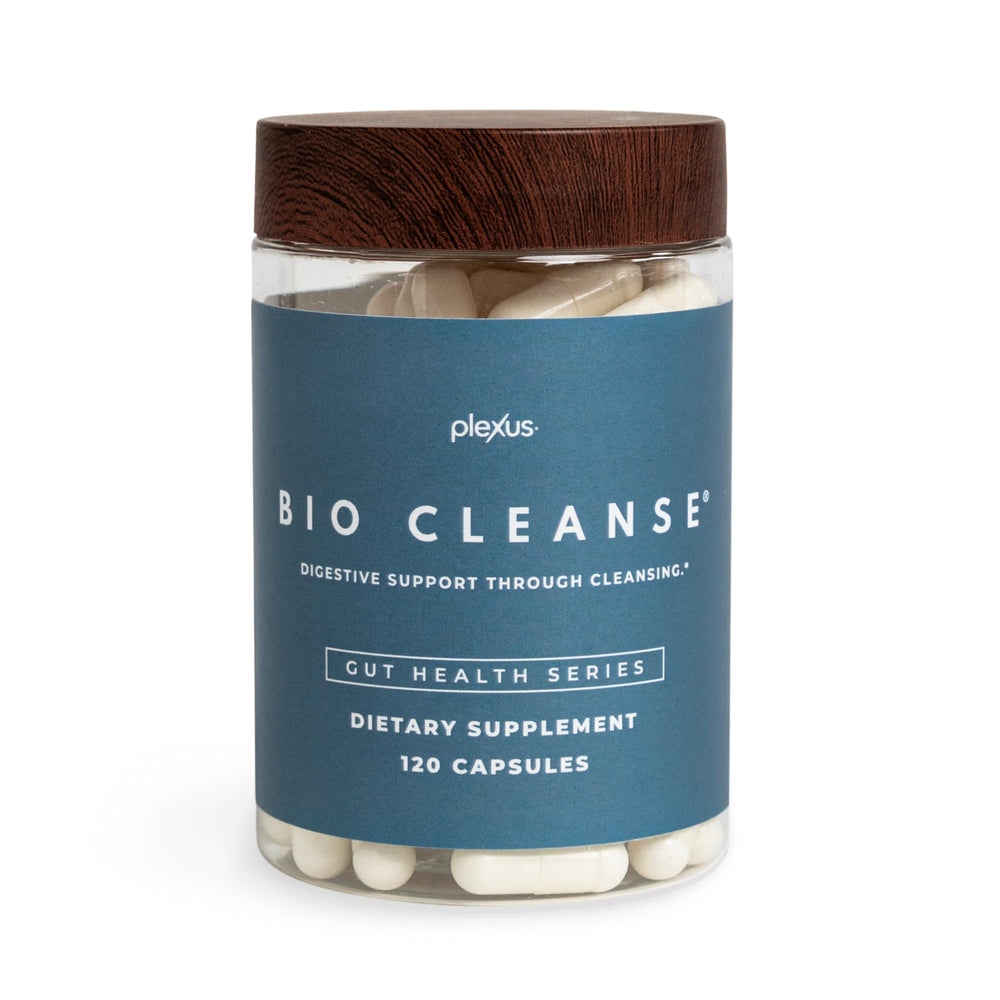 Plexus Bio Cleanse bottle pour emphasizes gentle daily gut support.