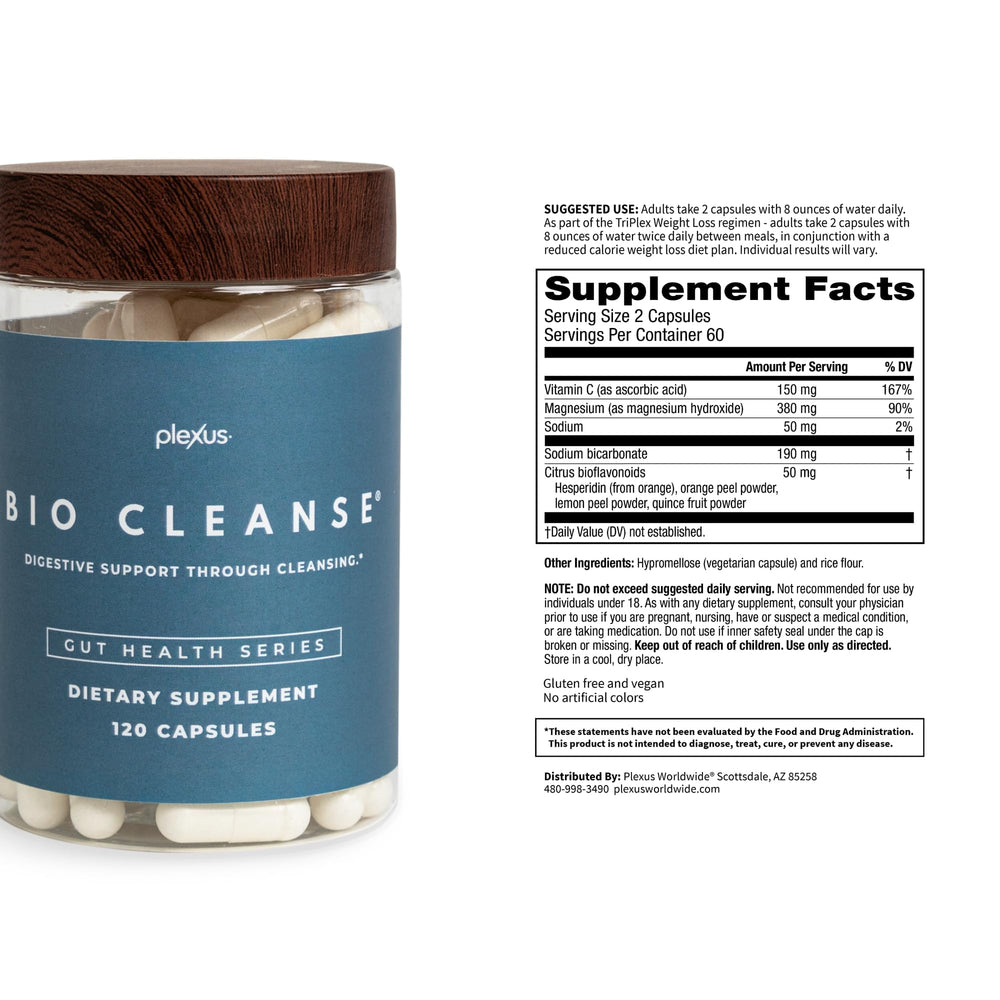 Plexus Bio Cleanse capsules close-up highlighting magnesium and antioxidants.