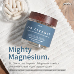 Plexus Bio Cleanse capsules close-up emphasizing gentle daily digestion and gas relief.