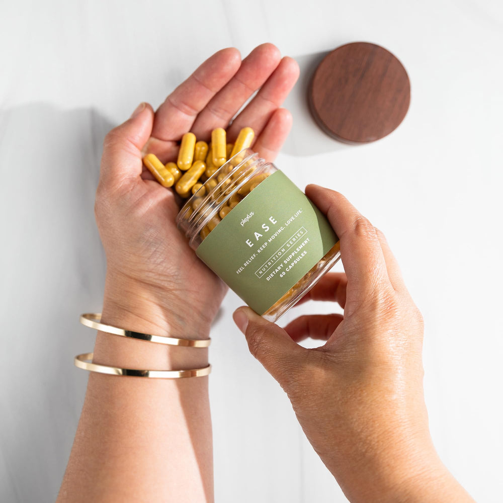 Close-up of Plexus Ease capsules highlighting capsules and quality formulation for recovery.